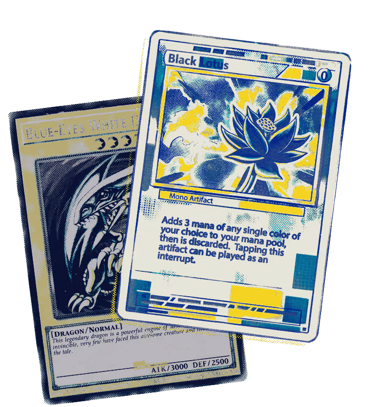 Blue-Eyes White Dragon and Black Lotus trading cards